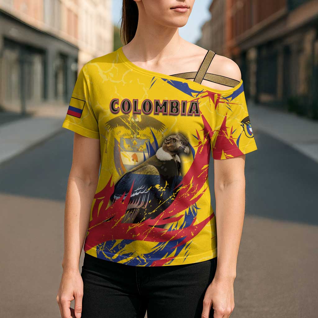 Personalized Colombia Cross Shoulder Shirt Colombian Andean Condor With Coat Of Arms - Wonder Print Shop