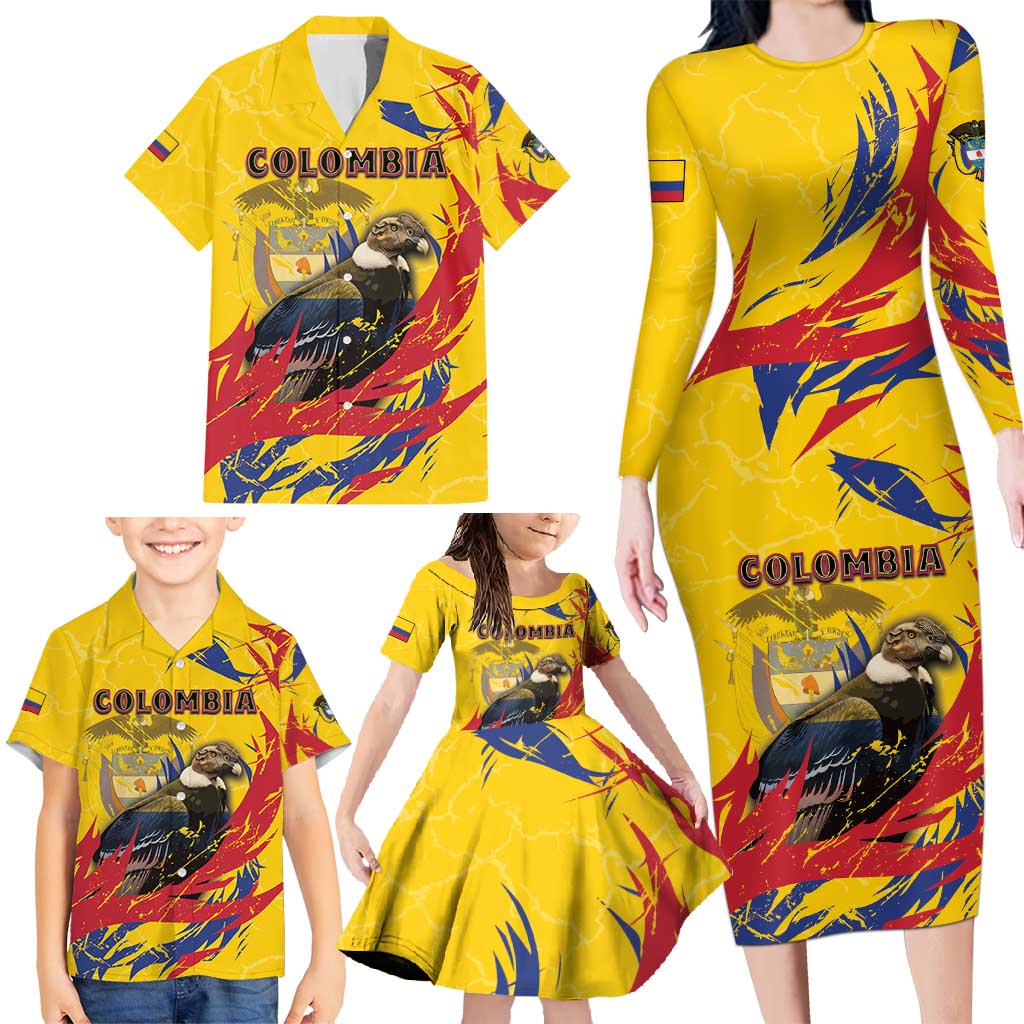 Personalized Colombia Family Matching Long Sleeve Bodycon Dress and Hawaiian Shirt Colombian Andean Condor With Coat Of Arms - Wonder Print Shop