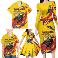 Personalized Colombia Family Matching Long Sleeve Bodycon Dress and Hawaiian Shirt Colombian Andean Condor With Coat Of Arms - Wonder Print Shop