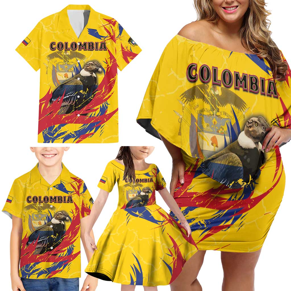 Personalized Colombia Family Matching Off Shoulder Short Dress and Hawaiian Shirt Colombian Andean Condor With Coat Of Arms - Wonder Print Shop
