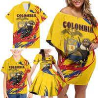 Personalized Colombia Family Matching Off Shoulder Short Dress and Hawaiian Shirt Colombian Andean Condor With Coat Of Arms - Wonder Print Shop