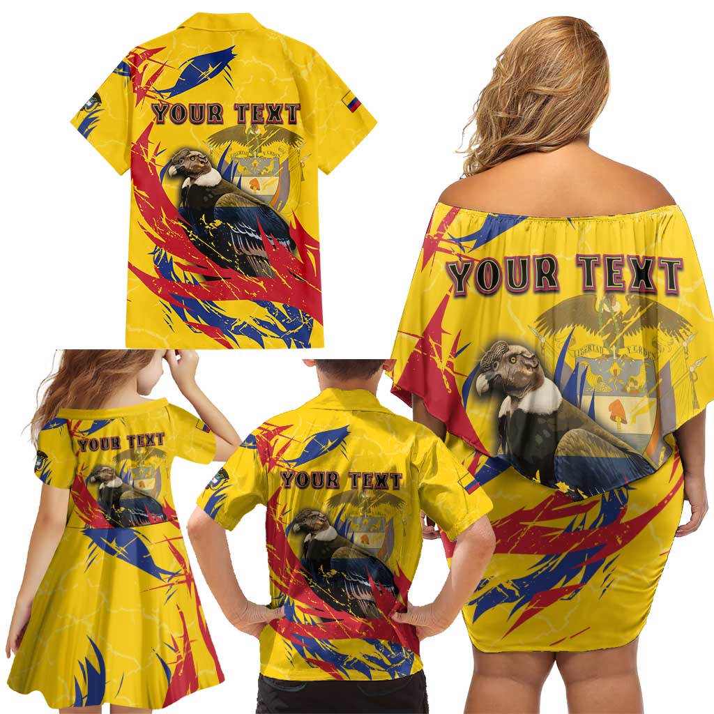 Personalized Colombia Family Matching Off Shoulder Short Dress and Hawaiian Shirt Colombian Andean Condor With Coat Of Arms - Wonder Print Shop