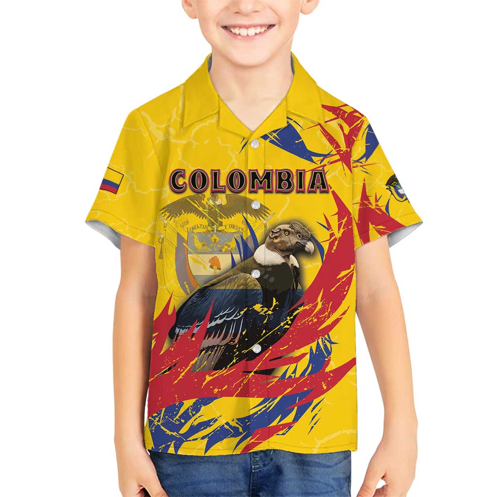 Personalized Colombia Family Matching Off Shoulder Short Dress and Hawaiian Shirt Colombian Andean Condor With Coat Of Arms - Wonder Print Shop