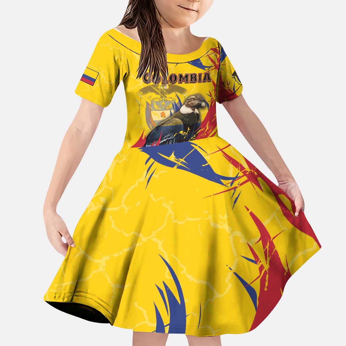 Personalized Colombia Kid Short Sleeve Dress Colombian Andean Condor With Coat Of Arms - Wonder Print Shop