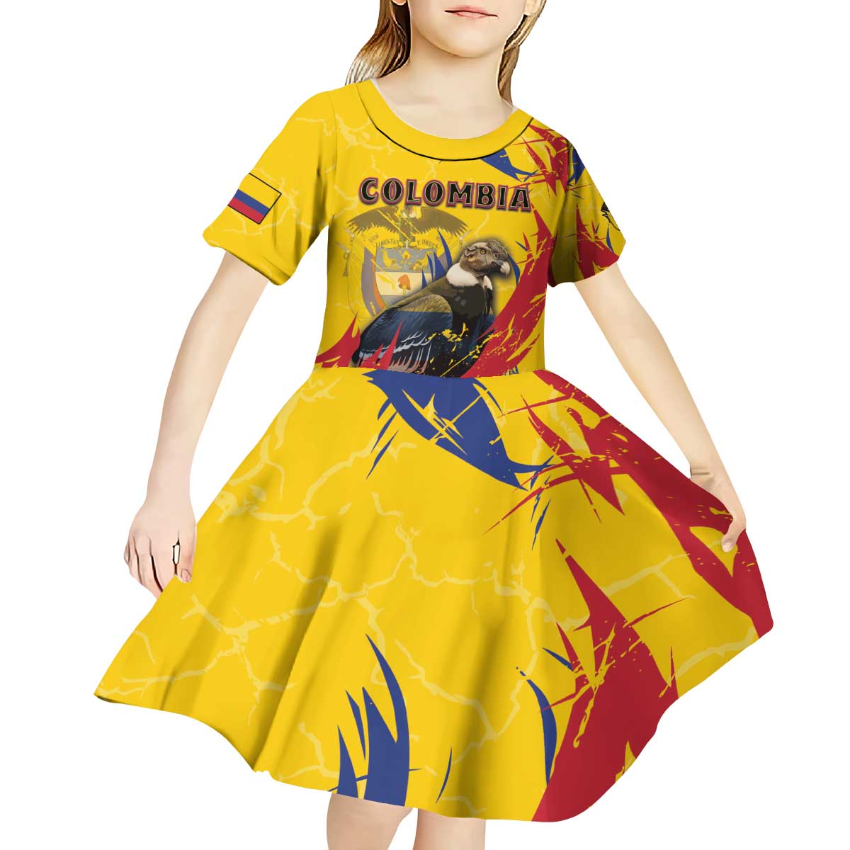Personalized Colombia Kid Short Sleeve Dress Colombian Andean Condor With Coat Of Arms - Wonder Print Shop