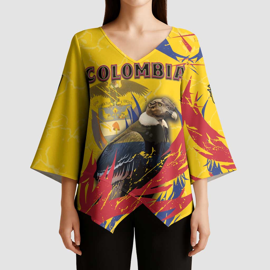 Personalized Colombia Kimono Sleeve Blouse Colombian Andean Condor With Coat Of Arms - Wonder Print Shop