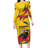 Personalized Colombia Long Sleeve Bodycon Dress Colombian Andean Condor With Coat Of Arms - Wonder Print Shop