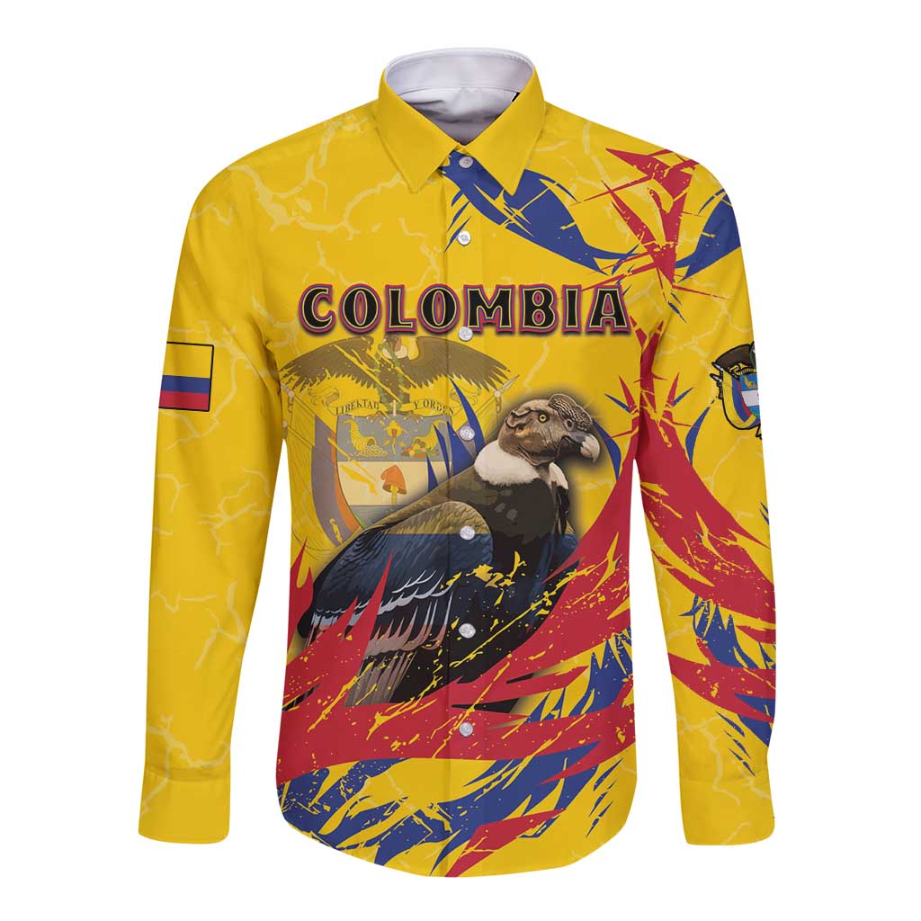 Personalized Colombia Long Sleeve Button Shirt Colombian Andean Condor With Coat Of Arms - Wonder Print Shop