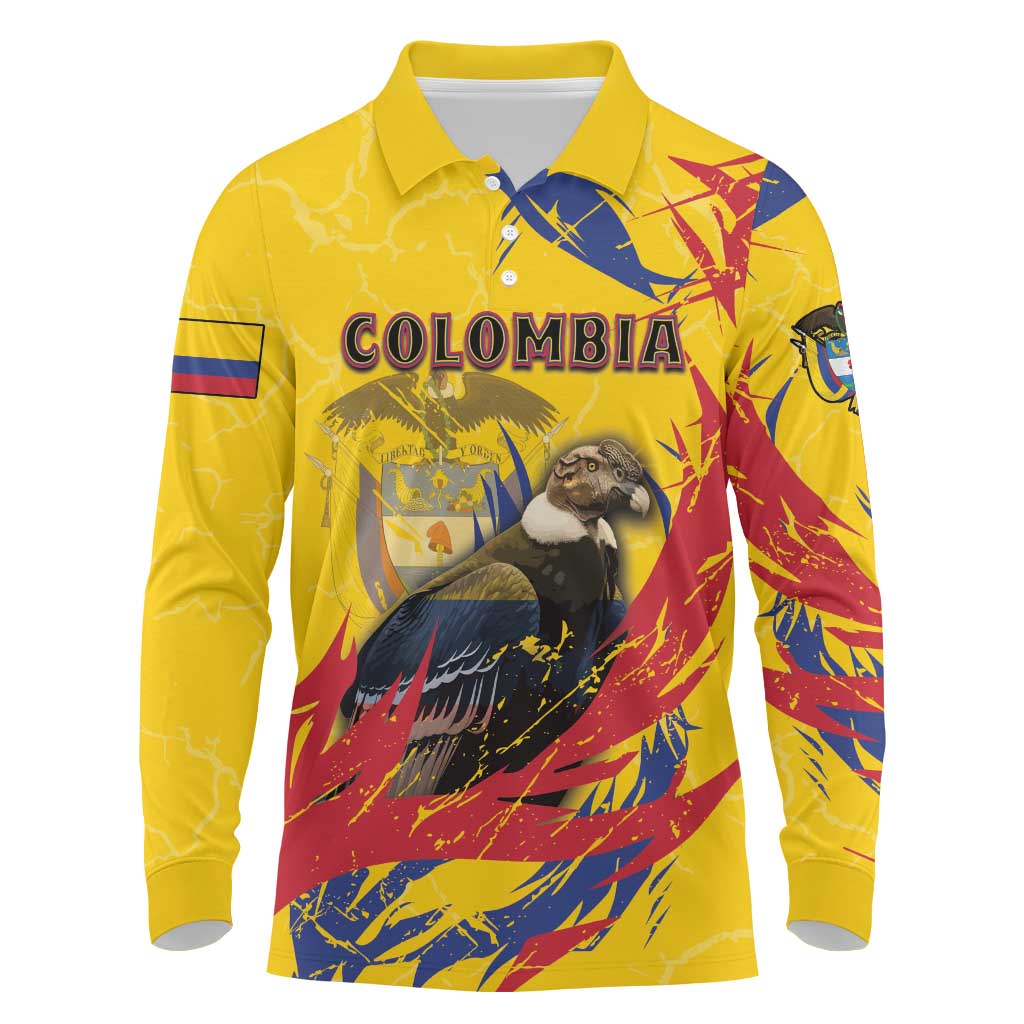 Personalized Colombia Long Sleeve Polo Shirt Colombian Andean Condor With Coat Of Arms - Wonder Print Shop