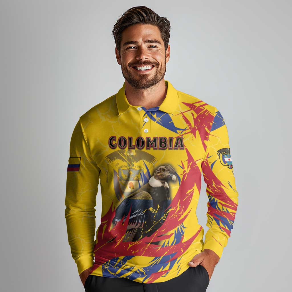Personalized Colombia Long Sleeve Polo Shirt Colombian Andean Condor With Coat Of Arms - Wonder Print Shop