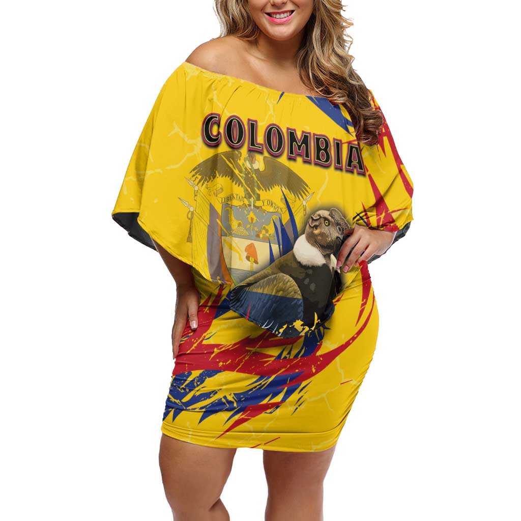 Personalized Colombia Off Shoulder Short Dress Colombian Andean Condor With Coat Of Arms - Wonder Print Shop