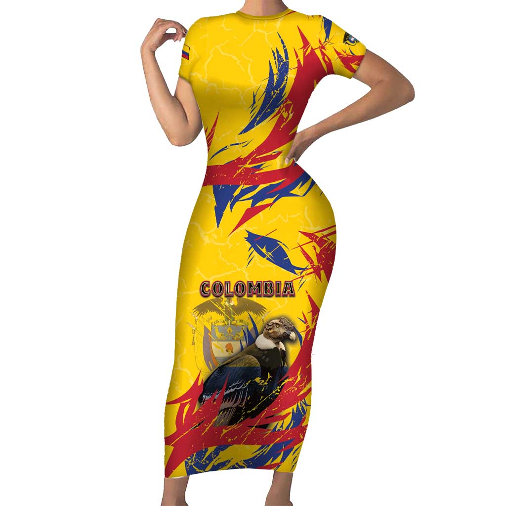 Personalized Colombia Short Sleeve Bodycon Dress Colombian Andean Condor With Coat Of Arms - Wonder Print Shop
