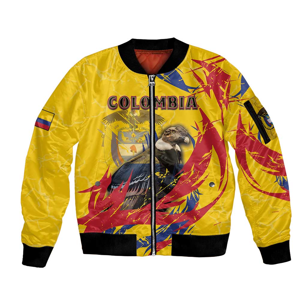 Personalized Colombia Sleeve Zip Bomber Jacket Colombian Andean Condor With Coat Of Arms - Wonder Print Shop