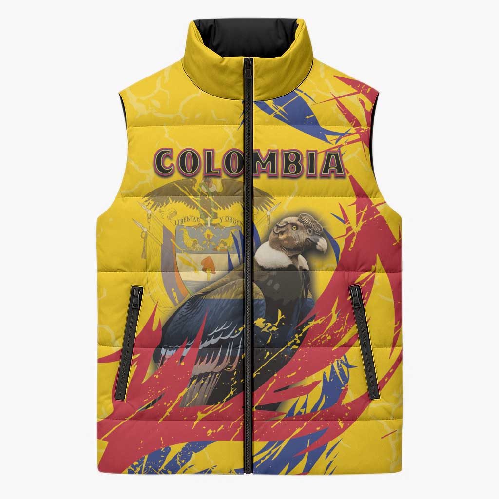 Personalized Colombia Sleeveless Puffer Jacket Colombian Andean Condor With Coat Of Arms - Wonder Print Shop