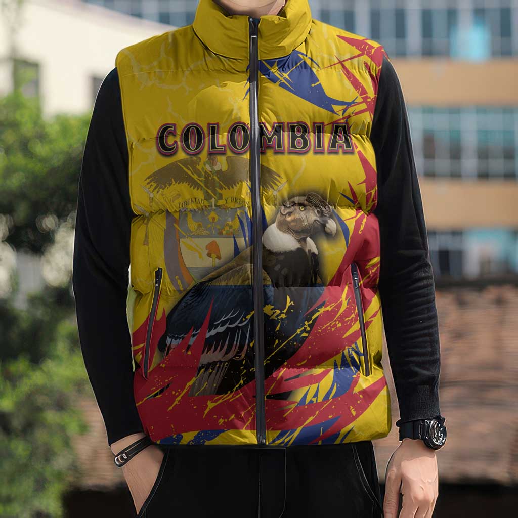 Personalized Colombia Sleeveless Puffer Jacket Colombian Andean Condor With Coat Of Arms - Wonder Print Shop