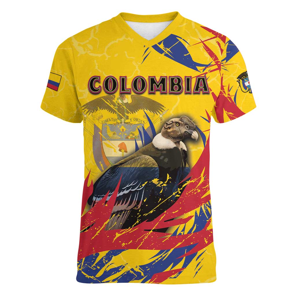 Personalized Colombia Women V-Neck T-Shirt Colombian Andean Condor With Coat Of Arms - Wonder Print Shop
