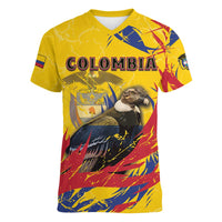 Personalized Colombia Women V-Neck T-Shirt Colombian Andean Condor With Coat Of Arms - Wonder Print Shop