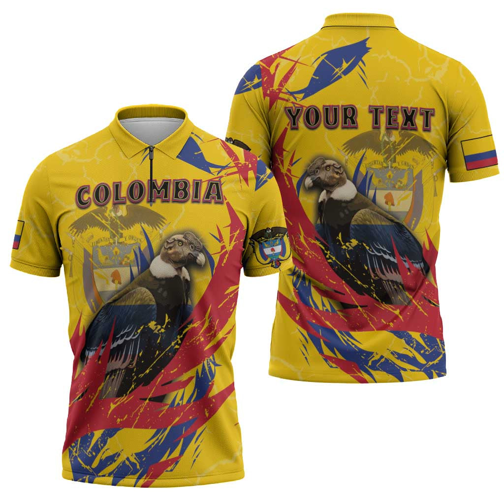 Personalized Colombia Zipper Polo Shirt Colombian Andean Condor With Coat Of Arms - Wonder Print Shop