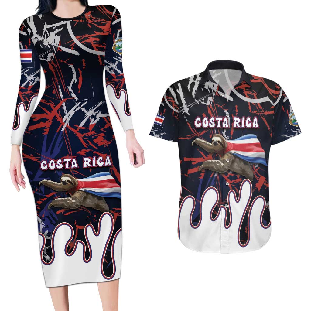 Personalized Costa Rica Couples Matching Long Sleeve Bodycon Dress and Hawaiian Shirt Flying Sloth - Wonder Print Shop