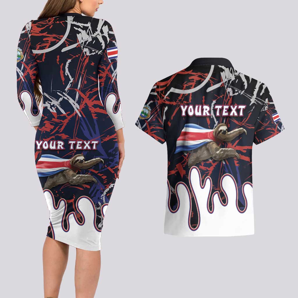 Personalized Costa Rica Couples Matching Long Sleeve Bodycon Dress and Hawaiian Shirt Flying Sloth - Wonder Print Shop