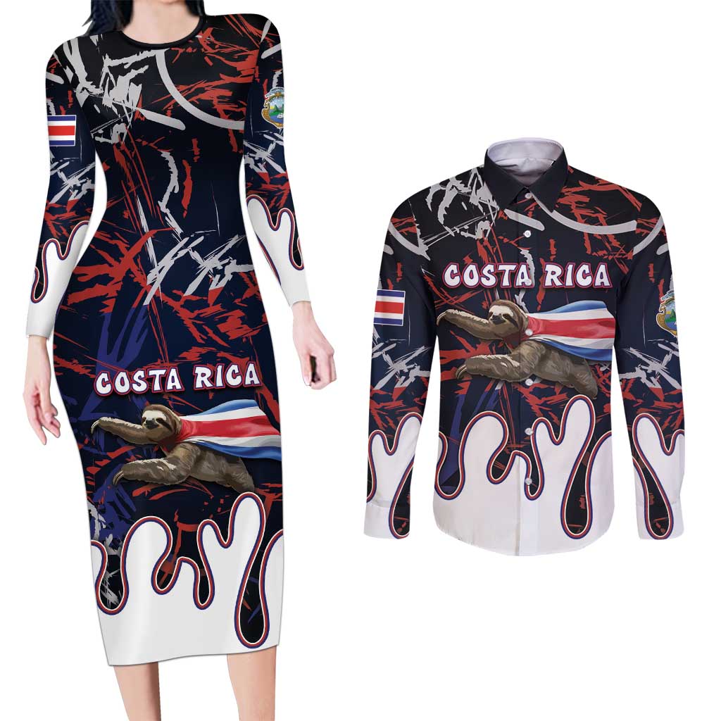Personalized Costa Rica Couples Matching Long Sleeve Bodycon Dress and Long Sleeve Button Shirt Flying Sloth - Wonder Print Shop