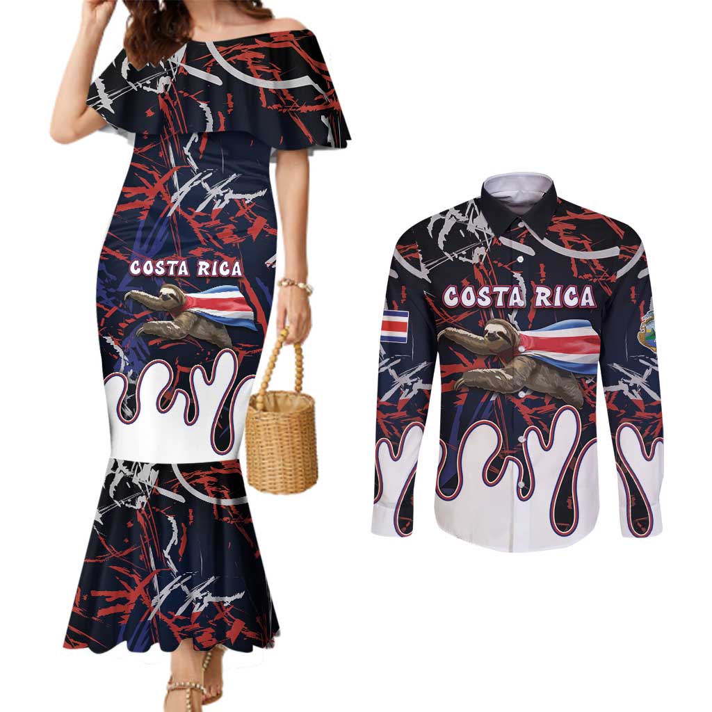 Personalized Costa Rica Couples Matching Mermaid Dress and Long Sleeve Button Shirt Flying Sloth - Wonder Print Shop