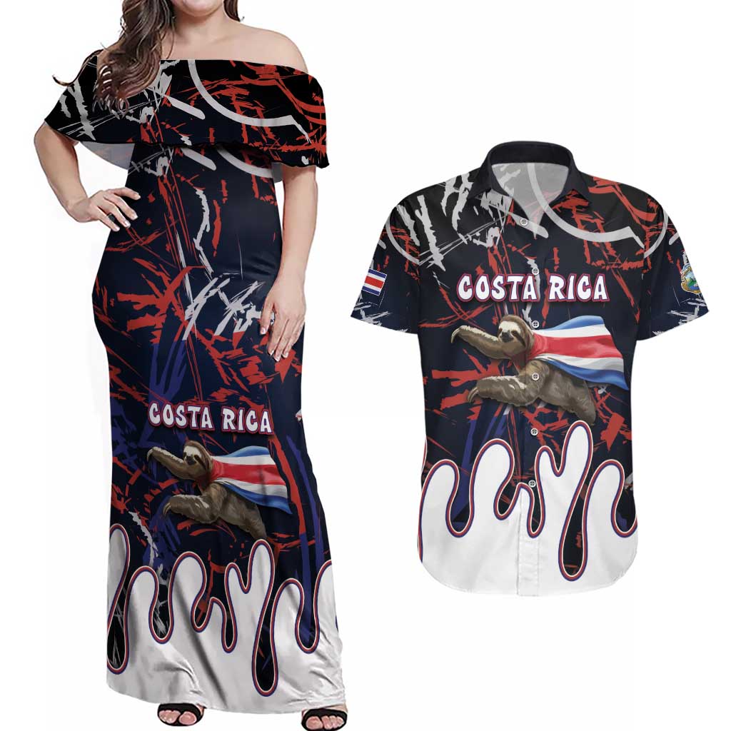 Personalized Costa Rica Couples Matching Off Shoulder Maxi Dress and Hawaiian Shirt Flying Sloth - Wonder Print Shop
