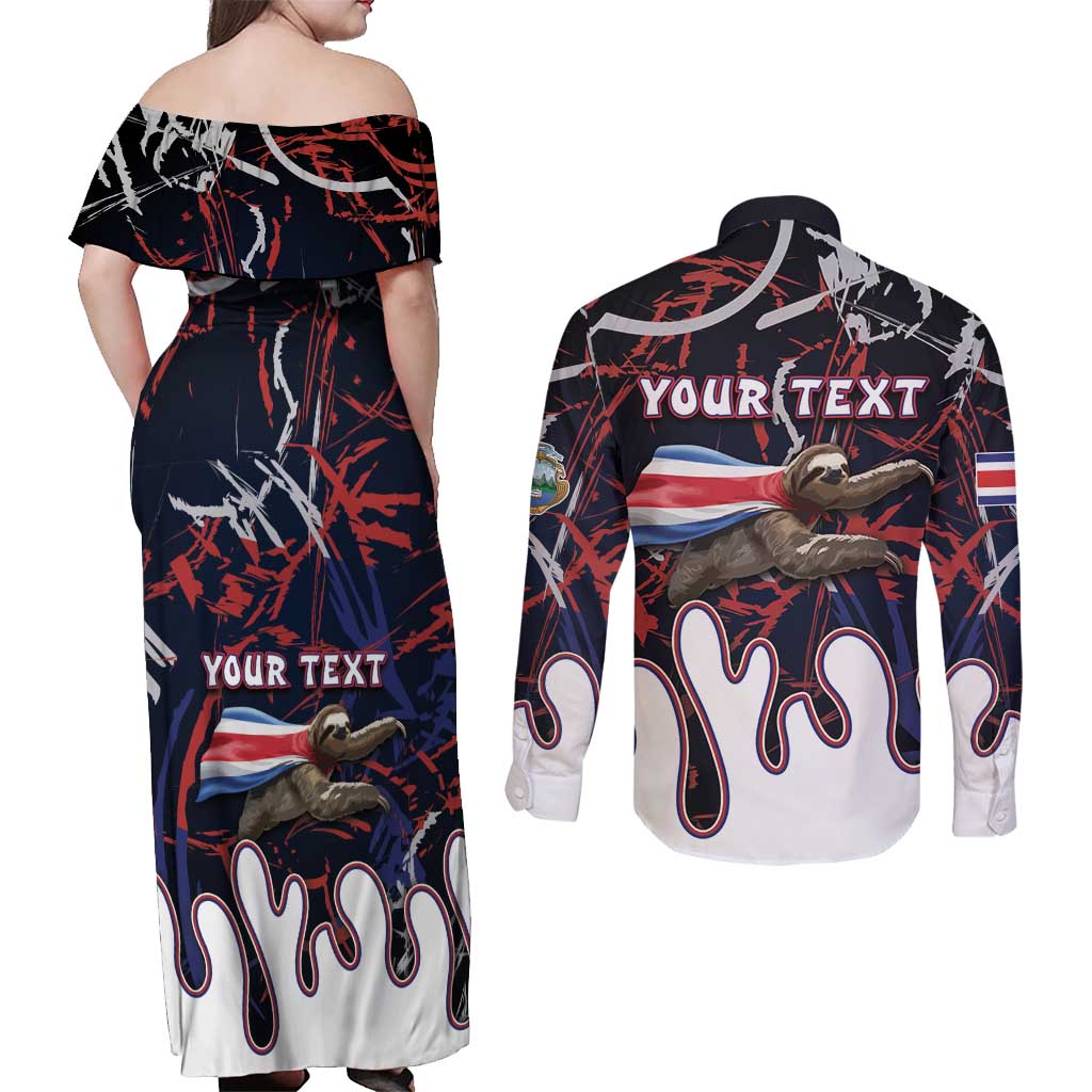 Personalized Costa Rica Couples Matching Off Shoulder Maxi Dress and Long Sleeve Button Shirt Flying Sloth - Wonder Print Shop
