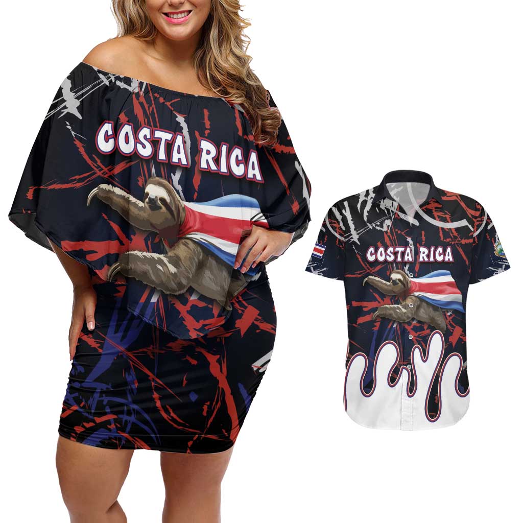 Personalized Costa Rica Couples Matching Off Shoulder Short Dress and Hawaiian Shirt Flying Sloth - Wonder Print Shop