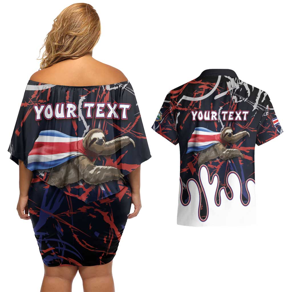 Personalized Costa Rica Couples Matching Off Shoulder Short Dress and Hawaiian Shirt Flying Sloth - Wonder Print Shop