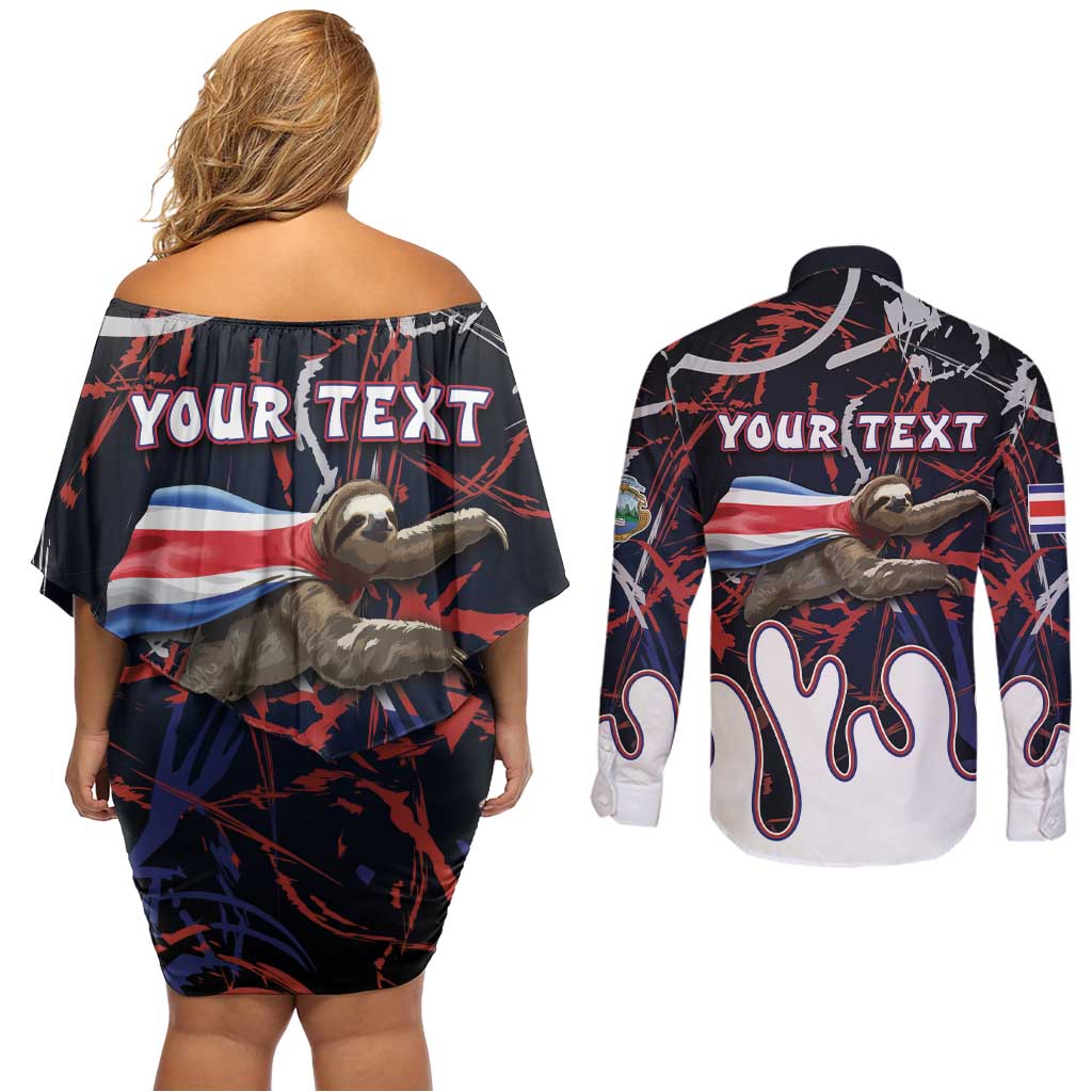 Personalized Costa Rica Couples Matching Off Shoulder Short Dress and Long Sleeve Button Shirt Flying Sloth - Wonder Print Shop