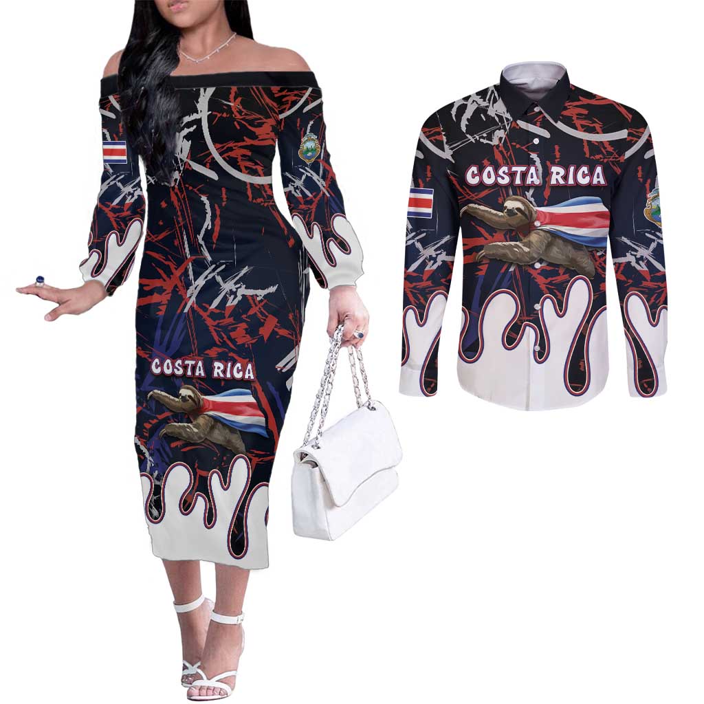 Personalized Costa Rica Couples Matching Off The Shoulder Long Sleeve Dress and Long Sleeve Button Shirt Flying Sloth - Wonder Print Shop