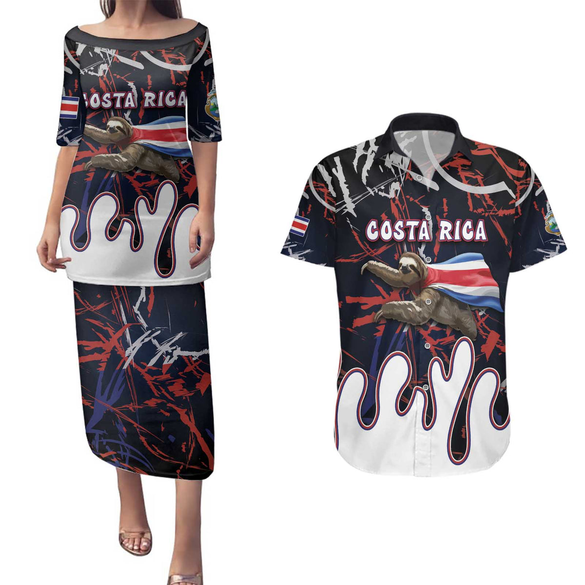 Personalized Costa Rica Couples Matching Puletasi and Hawaiian Shirt Flying Sloth - Wonder Print Shop