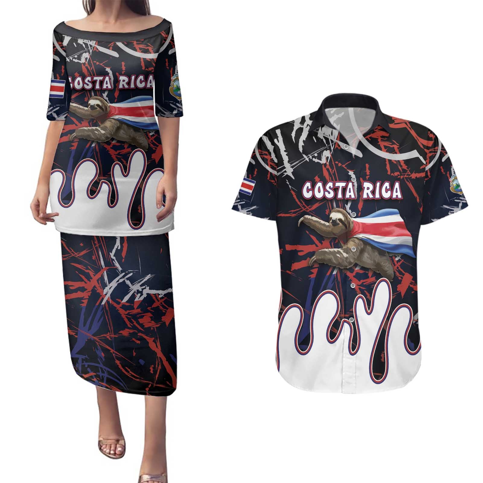Personalized Costa Rica Couples Matching Puletasi and Hawaiian Shirt Flying Sloth - Wonder Print Shop
