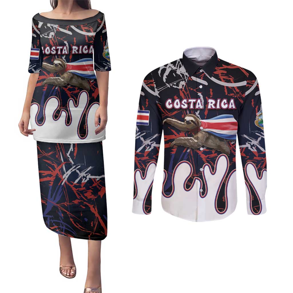 Personalized Costa Rica Couples Matching Puletasi and Long Sleeve Button Shirt Flying Sloth - Wonder Print Shop