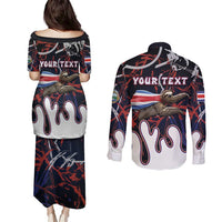 Personalized Costa Rica Couples Matching Puletasi and Long Sleeve Button Shirt Flying Sloth - Wonder Print Shop