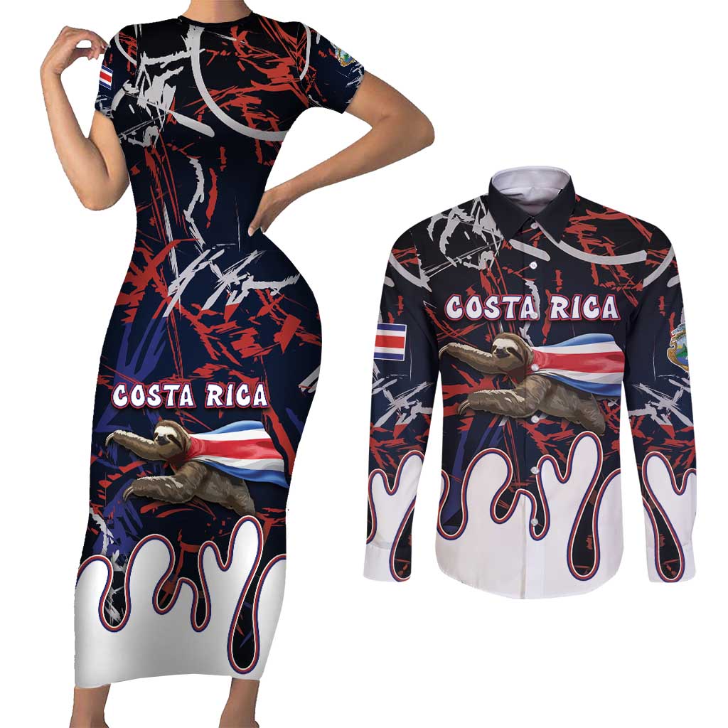 Personalized Costa Rica Couples Matching Short Sleeve Bodycon Dress and Long Sleeve Button Shirt Flying Sloth - Wonder Print Shop