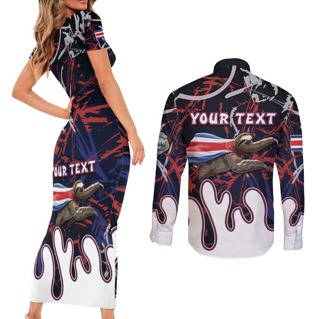 Personalized Costa Rica Couples Matching Short Sleeve Bodycon Dress and Long Sleeve Button Shirt Flying Sloth - Wonder Print Shop