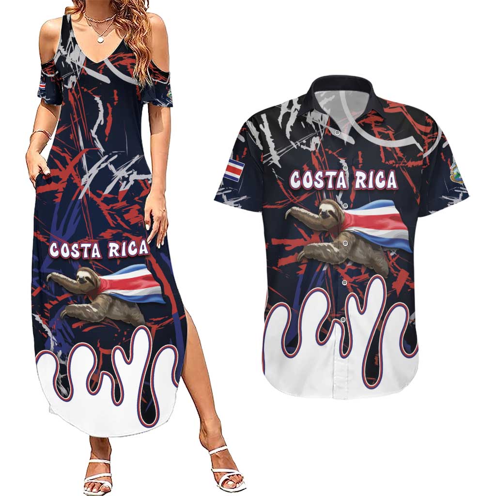 Personalized Costa Rica Couples Matching Summer Maxi Dress and Hawaiian Shirt Flying Sloth - Wonder Print Shop
