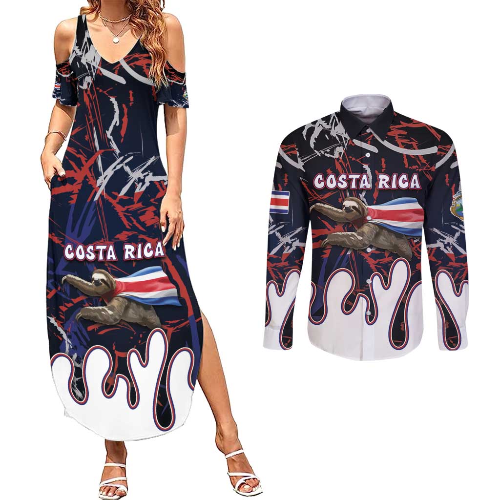 Personalized Costa Rica Couples Matching Summer Maxi Dress and Long Sleeve Button Shirt Flying Sloth - Wonder Print Shop