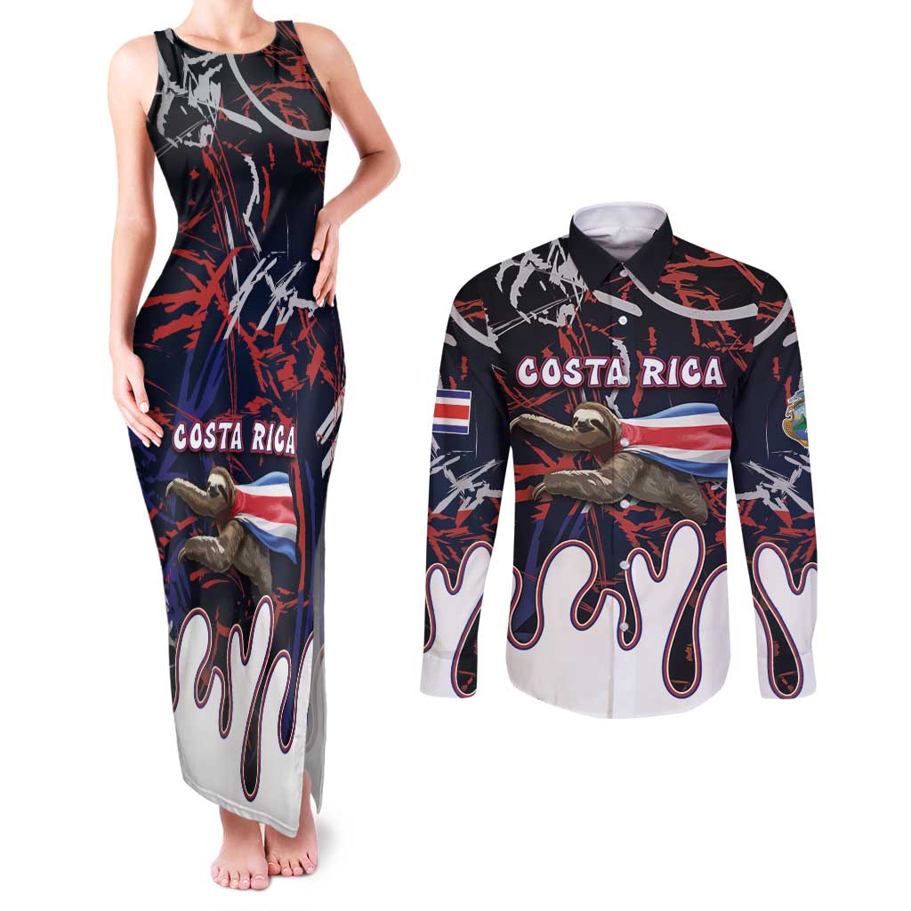 Personalized Costa Rica Couples Matching Tank Maxi Dress and Long Sleeve Button Shirt Flying Sloth - Wonder Print Shop