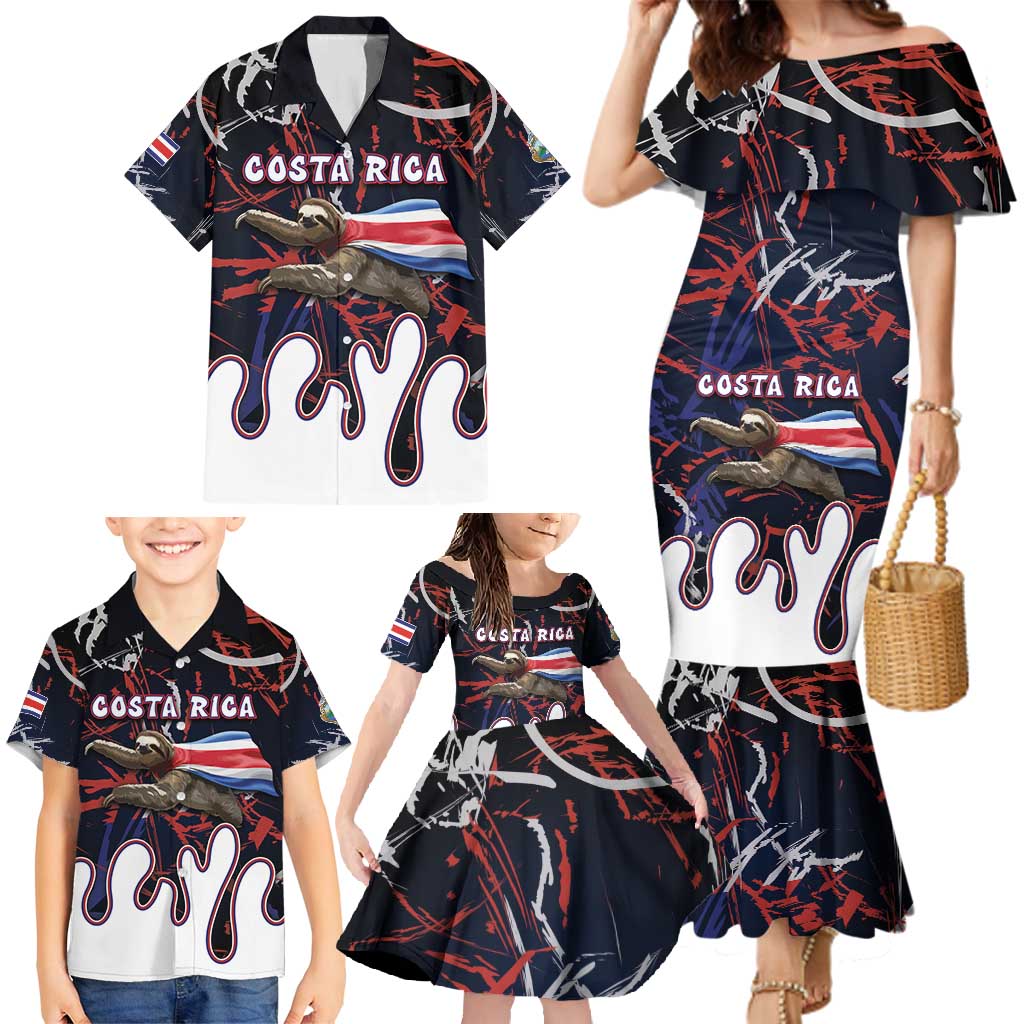 Personalized Costa Rica Family Matching Mermaid Dress and Hawaiian Shirt Flying Sloth - Wonder Print Shop