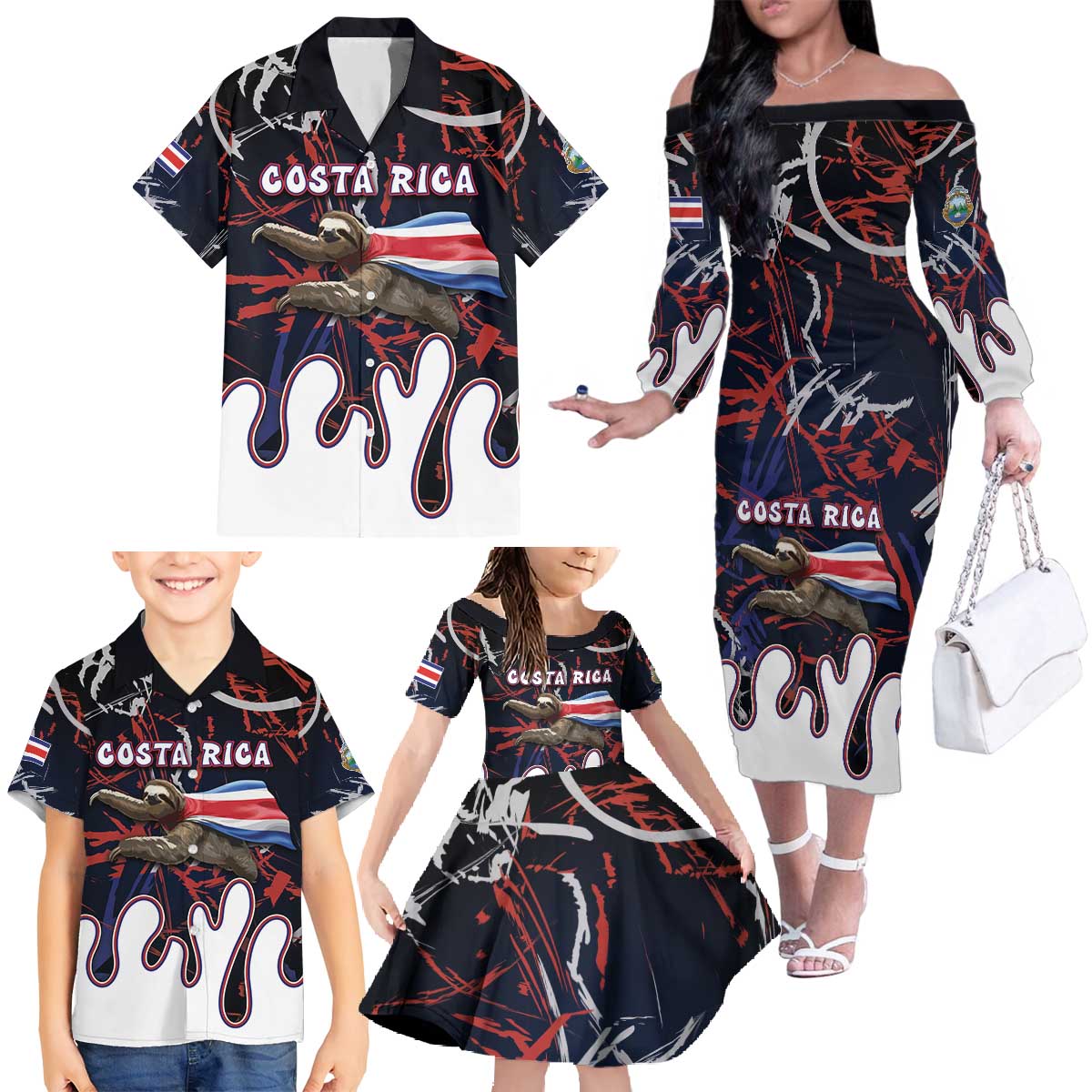 Personalized Costa Rica Family Matching Off The Shoulder Long Sleeve Dress and Hawaiian Shirt Flying Sloth - Wonder Print Shop