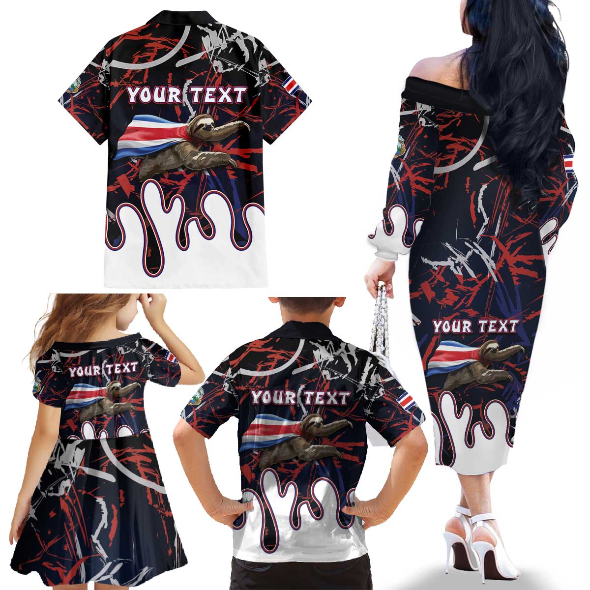 Personalized Costa Rica Family Matching Off The Shoulder Long Sleeve Dress and Hawaiian Shirt Flying Sloth - Wonder Print Shop
