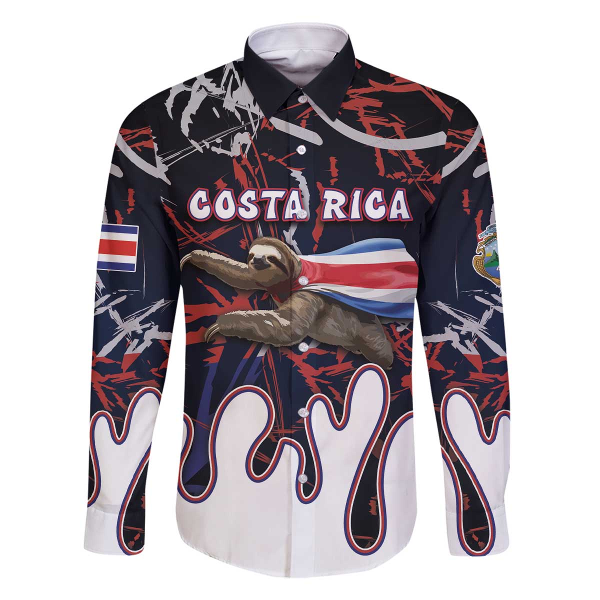 Personalized Costa Rica Family Matching Off The Shoulder Long Sleeve Dress and Hawaiian Shirt Flying Sloth - Wonder Print Shop