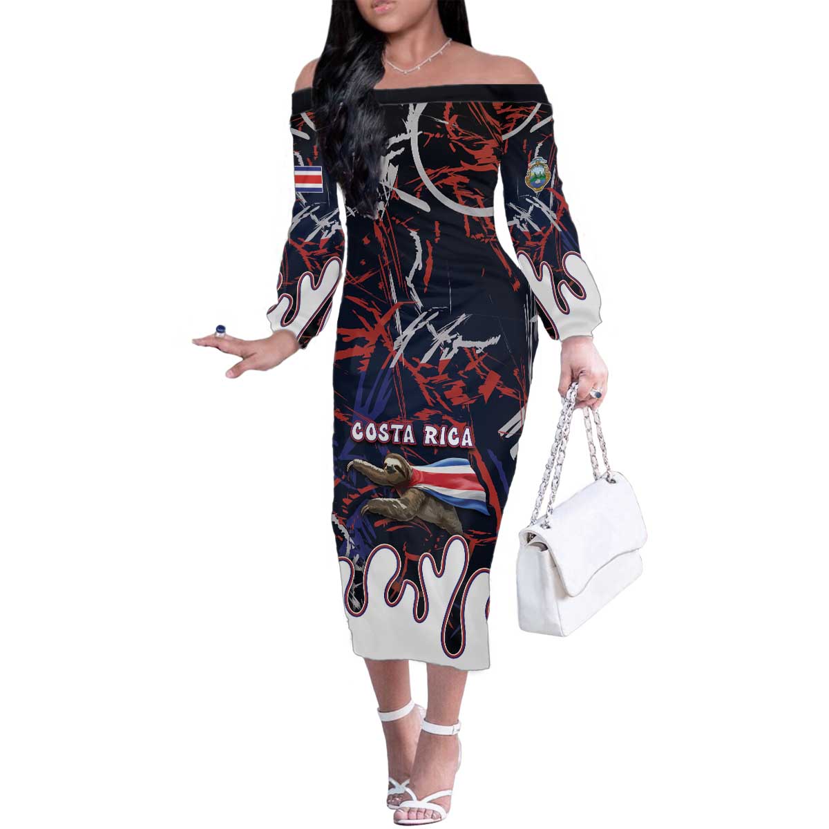 Personalized Costa Rica Family Matching Off The Shoulder Long Sleeve Dress and Hawaiian Shirt Flying Sloth - Wonder Print Shop