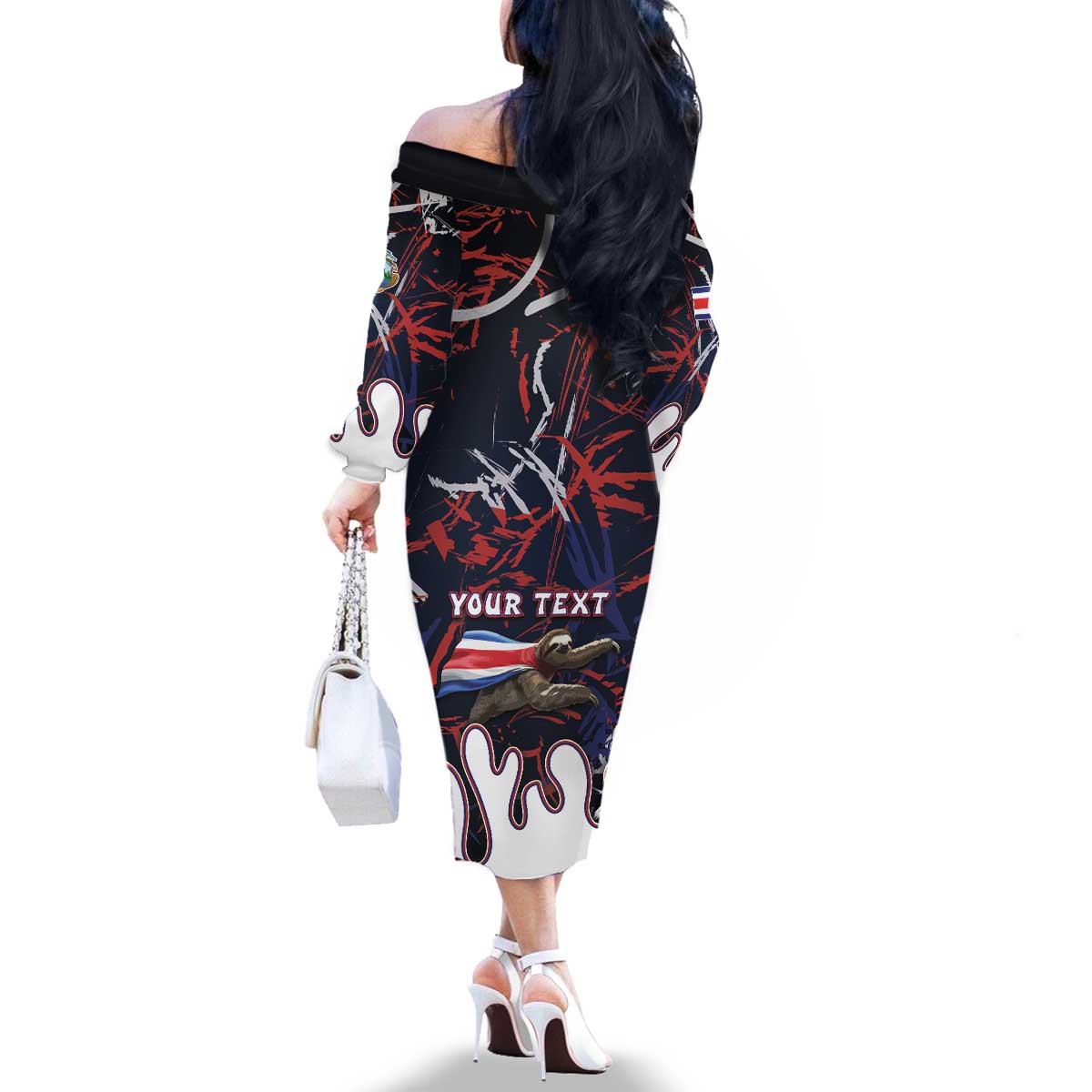 Personalized Costa Rica Family Matching Off The Shoulder Long Sleeve Dress and Hawaiian Shirt Flying Sloth - Wonder Print Shop