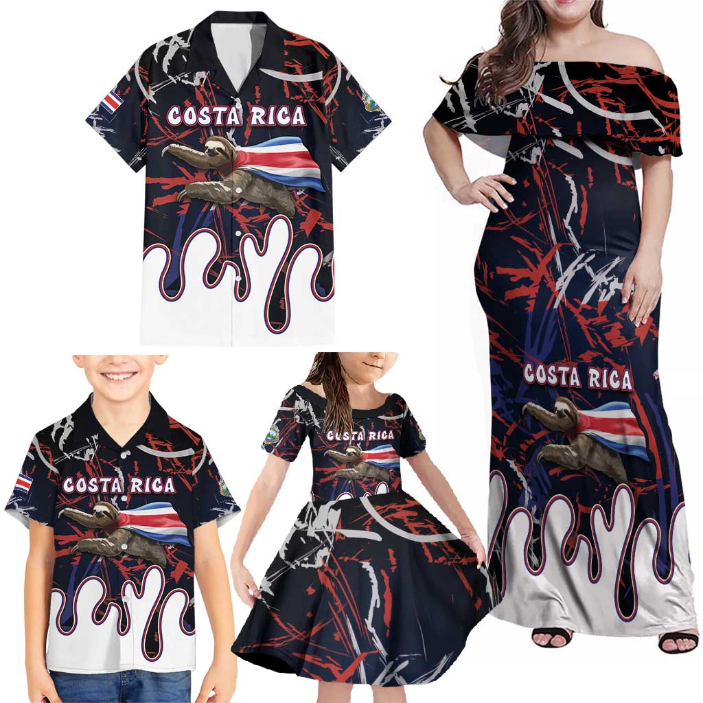 Personalized Costa Rica Family Matching Off Shoulder Maxi Dress and Hawaiian Shirt Flying Sloth - Wonder Print Shop