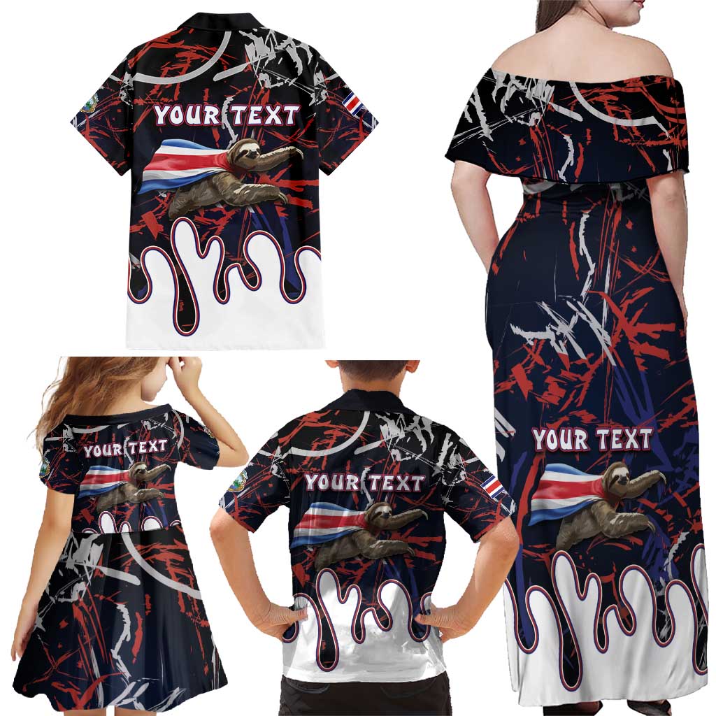Personalized Costa Rica Family Matching Off Shoulder Maxi Dress and Hawaiian Shirt Flying Sloth - Wonder Print Shop