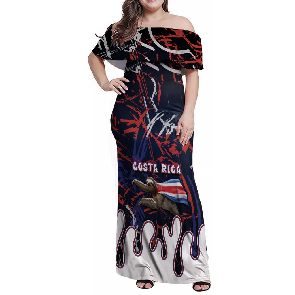 Personalized Costa Rica Family Matching Off Shoulder Maxi Dress and Hawaiian Shirt Flying Sloth - Wonder Print Shop